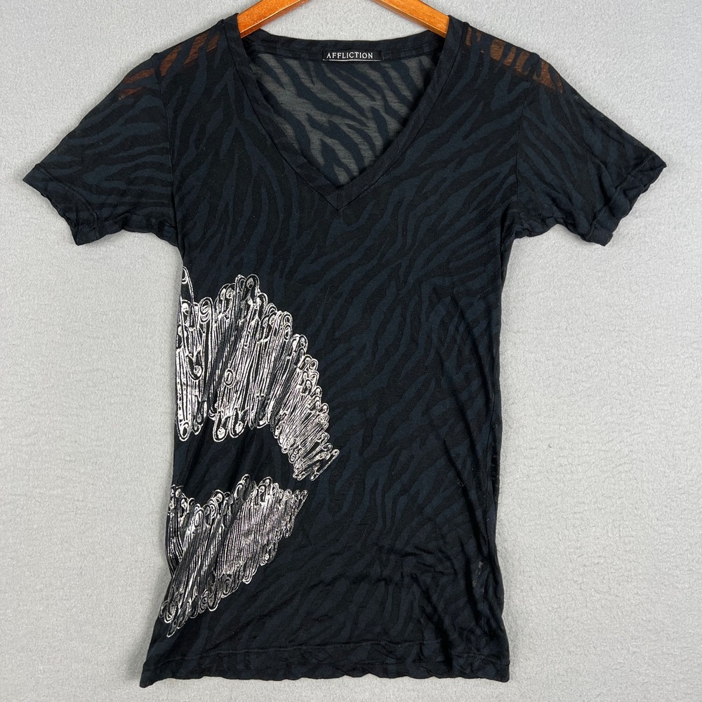Affliction Safety Pin Kiss‎ T Shirt Womans S Sheer Animal Print Lips Goth Punk